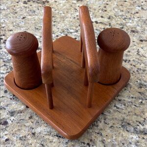 Vintage Teak Wood Salt & Pepper Shakers  Napkin Holder MCM mid-century modern